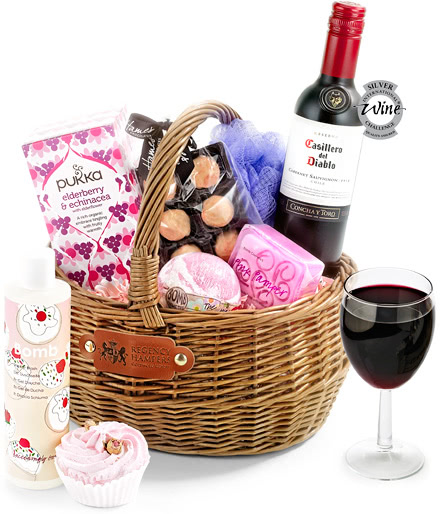 Anniversary & Wedding Pampering Set in Gift Basket With Red Wine
